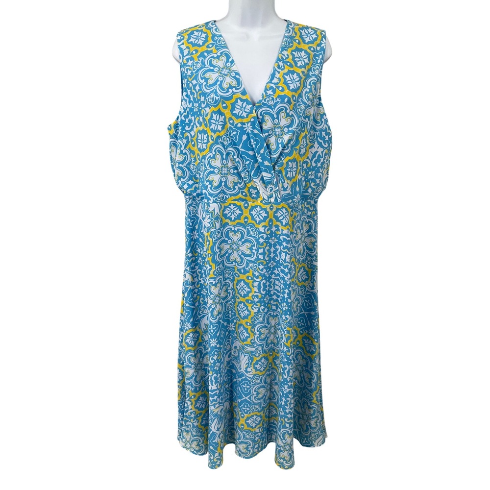 Ann Taylor Dress Womens 14 Blue Yellow Tile Print Sleeveless Classic Boho Midi